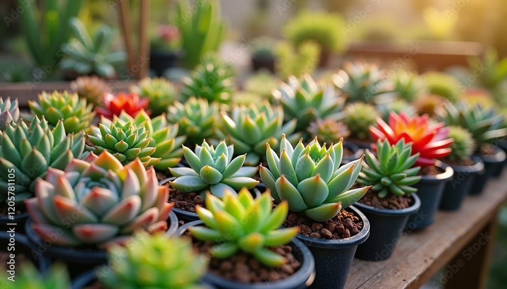 Obraz premium Vibrant Succulent Garden, Sunlit Afternoon, Perfect for Home Decor Posters