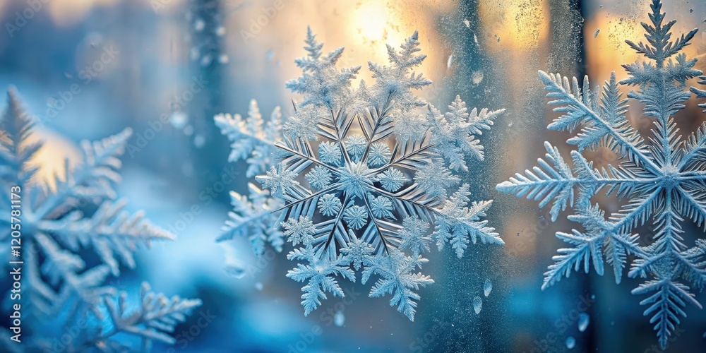 Frosty snowflake pattern on a winter windowpane with intricate etching details Frosty snowflake pattern on a winter windowpane with intricate etching details