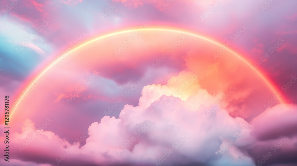 Pastel rainbow arching over fluffy clouds. Dreamy, colorful sky. Pastel rainbow arching over fluffy clouds. Dreamy, colorful sky.
