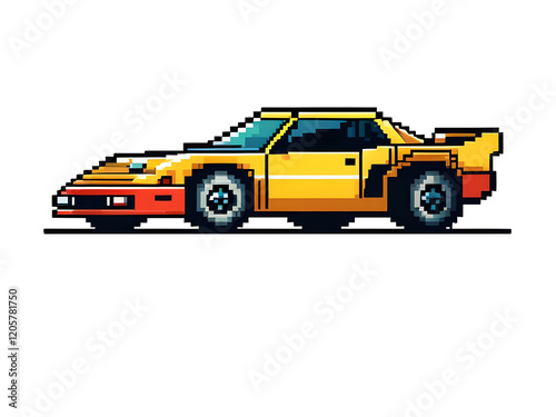Retro Pixel Art Racing Car Sticker: Gaming Style, Contour Vector Design on White Background