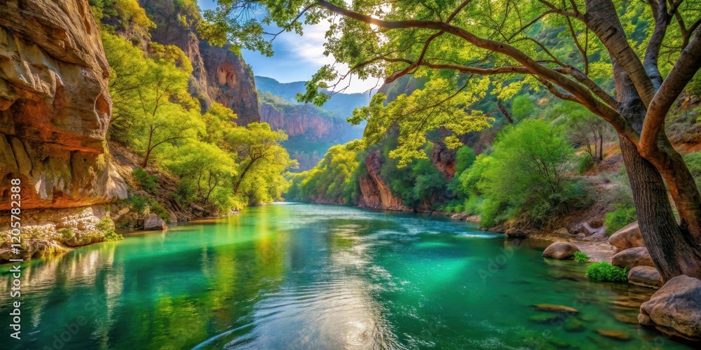 Obraz premium Serene River Gorge Lush greenery, sunlit waters, and towering canyon walls create a breathtaking natural landscape
