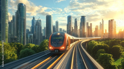 A train running in the middle of the city, produces a beautiful urban view.