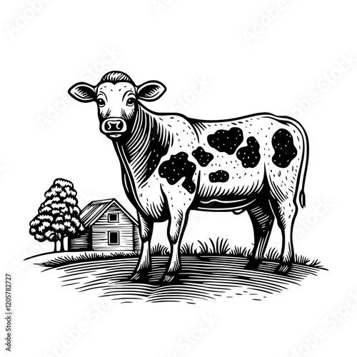 Cow standing in a field near a barn on a sunny day with trees in the background showcasing rural life. Generative AI