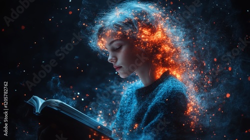 Young Woman Immersed in a Book Surrounded by a Mystical Cosmic Glow of Wonder.