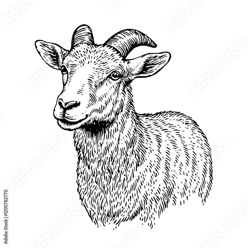 Goat portrait showcasing intricate details of fur and horns in a black and white illustration style. Generative AI