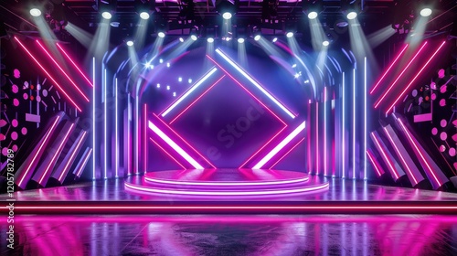 Futuristic neon light stage with symmetrical geometric pattern.