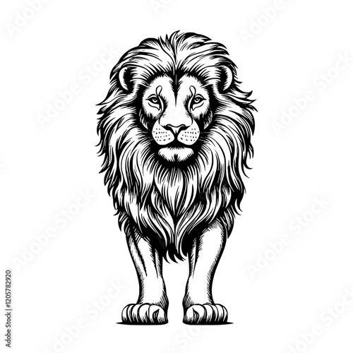 Lion standing majestically with a detailed mane in a bold, artistic black and white design on a plain background. Generative AI