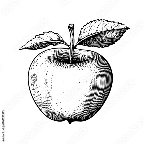 Illustration of a fresh apple with detailed shading and leaf accents against a plain background. Generative AI