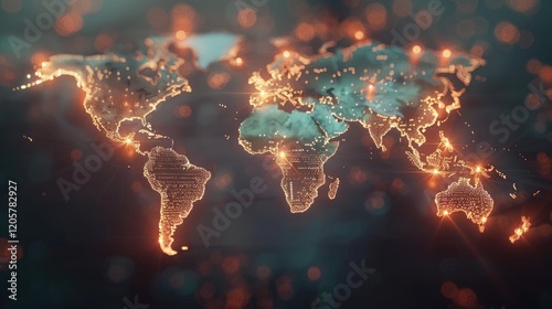 Illuminated digital world map showing connectivity around the world.