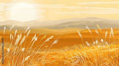 Golden desert landscape with sand dunes.