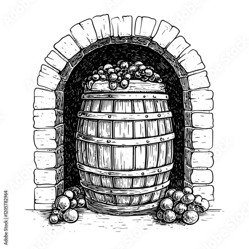 Rustic wooden barrel filled with grapes nestled in a stone archway in a vineyard setting during the afternoon. Generative AI