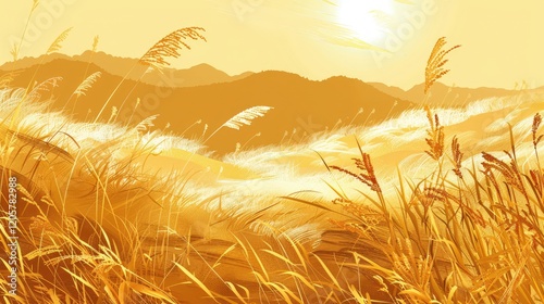 Golden desert landscape with sand dunes.