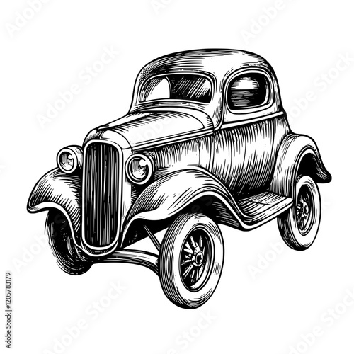 Vintage car design featuring a detailed illustration of an old-fashioned automobile with distinctive curves and lines. Generative AI