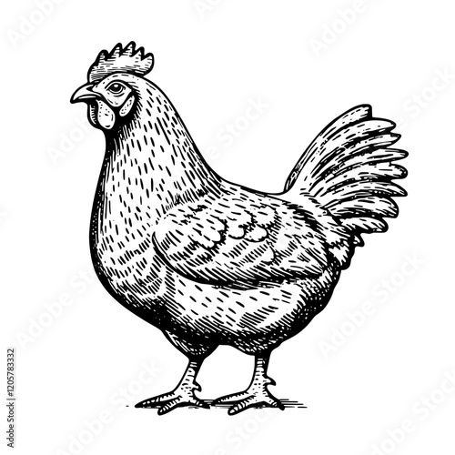 Detailed illustration of a hen showcasing features and characteristics typically found in farm animals. Generative AI