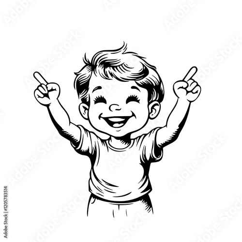 Joyful child celebrating with arms raised in playful expression during a sunny day outdoors. Generative AI