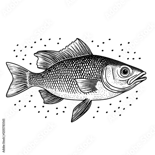 Detailed illustration of a fish with intricate patterns swimming among scattered dots. Generative AI