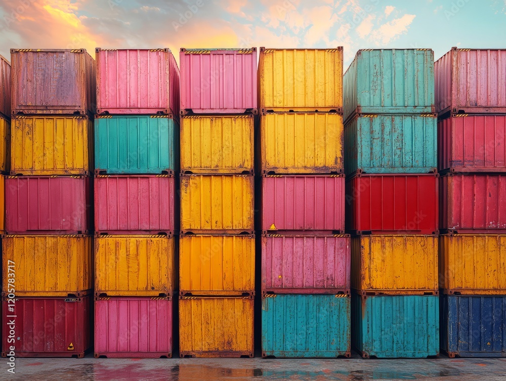 Fototapeta premium A colorful array of shipping containers stacked in an industrial setting.