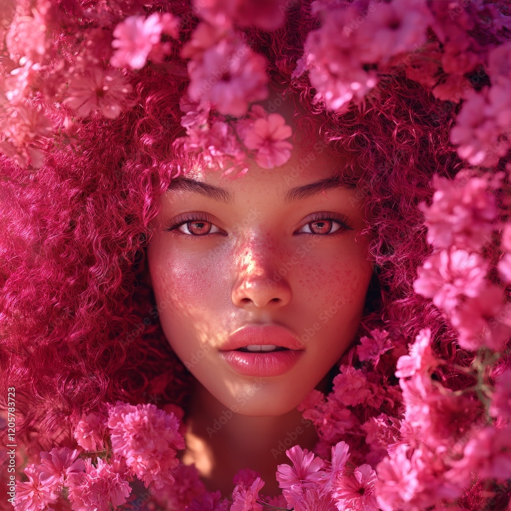 Fototapeta premium A stunning portrait of a woman with curly hair and flowers, symbolizing beauty and self-expression. Ideal for fashion themes.