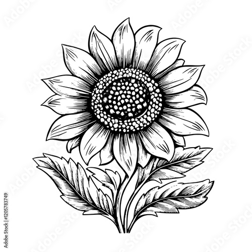 Beautiful detailed sketch of a sunflower with leaves captured in a botanical style. Generative AI