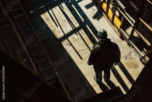 Worker in hard hat standing in an unfinished warehouse with dramatic lighting