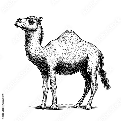 Black and white illustration of a camel standing on a plain background with detailed fur and facial features. Generative AI