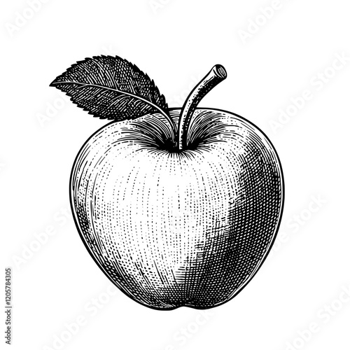 Freshly picked apple with a green leaf illustrated in vintage style against a white background for art and design use. Generative AI