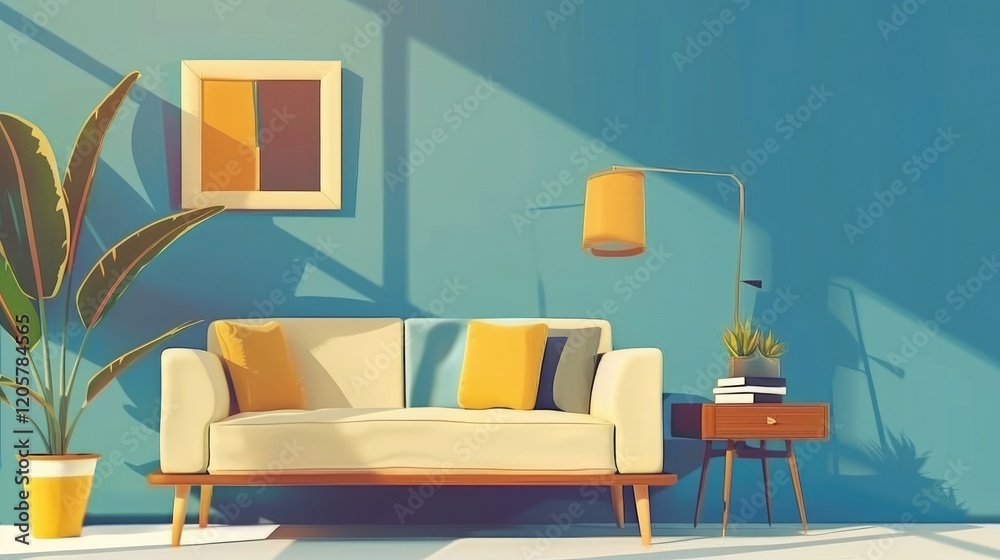 Fototapeta premium Modern living room with sofa and bookshelf against blue walls. home interior decoration