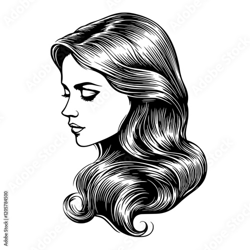 Elegant profile drawing of a woman with flowing hair in a stylized design. Generative AI