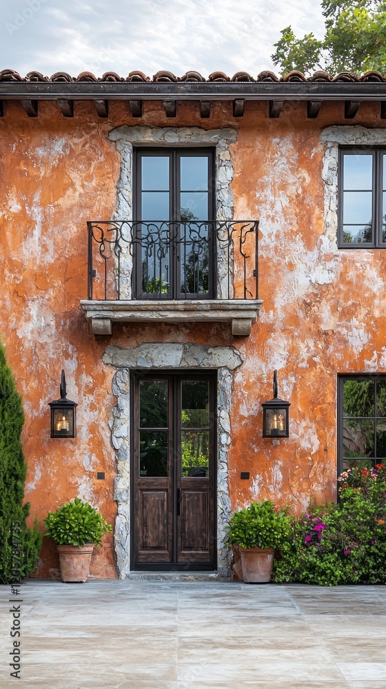 Warm hues of rustic terracotta create an inviting atmosphere around a quaint entrance Warm hues of rustic terracotta create an inviting atmosphere around a quaint entrance