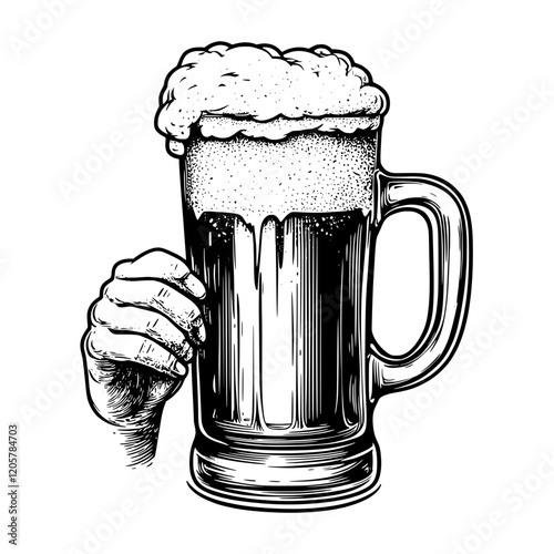 Hand holding a frothy beer mug in a vintage style illustration. Generative AI