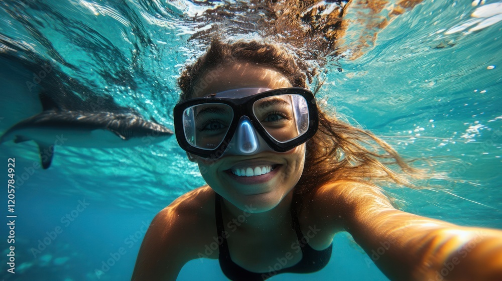 Fototapeta premium Adventure under the sea with clear water and capture the moment of taking photos with sharks