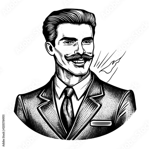 Vintage illustration of a stylish man with a mustache wearing a formal suit and tie, exuding charm and confidence. Generative AI