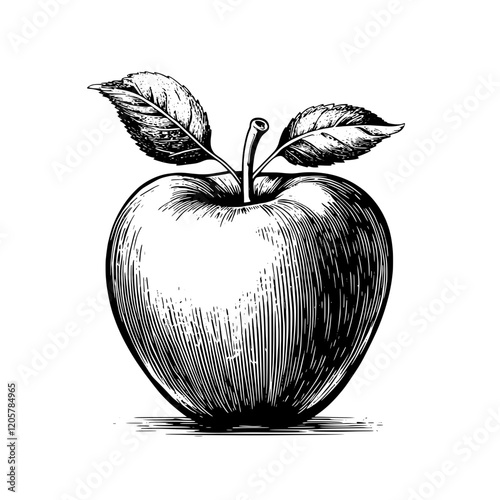 Freshly harvested apple sits on a surface showcasing its vibrant color and detailed texture in a classic drawing style. Generative AI