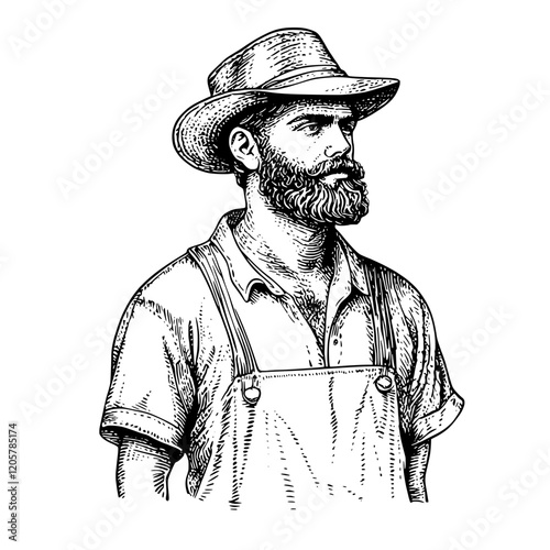 Man with a beard wearing a straw hat and overalls standing outdoors in a rural setting during the day. Generative AI