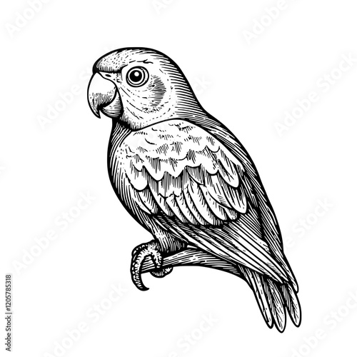 Detailed illustration of a parrot perched on a branch showcasing intricate feather patterns and a curious expression. Generative AI