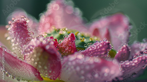 A close-up photograph of a pink lotus flower covered in dewdrops, against a blurred green background. photo