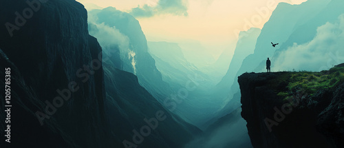 Breathtaking view of a lone figure standing on a cliff overlooking a misty valley at dawn