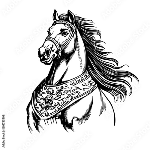 Majestic horse with flowing mane adorned in ornate bridle and decorative harness showcasing elegance and strength. Generative AI