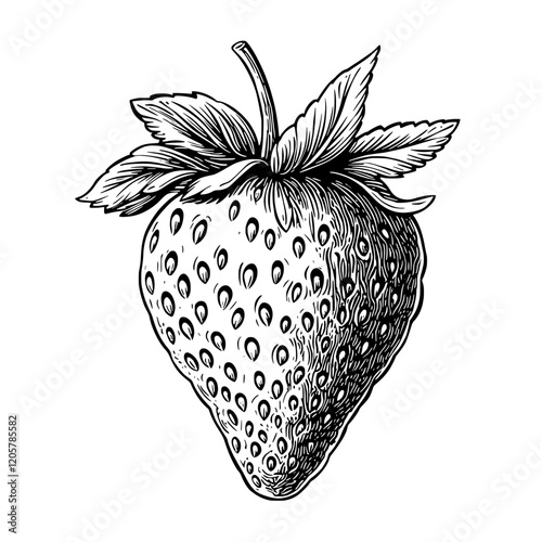 Detailed sketch of a ripe strawberry with leaves showcasing natural design and texture. Generative AI