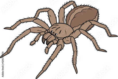 Giant spider, hyper-realistic, detailed texture, furry legs, fangs, menacing pose, arachnid, brown coloration, white background, studio lighting, wildlife photography, 8K resolution, extreme close-