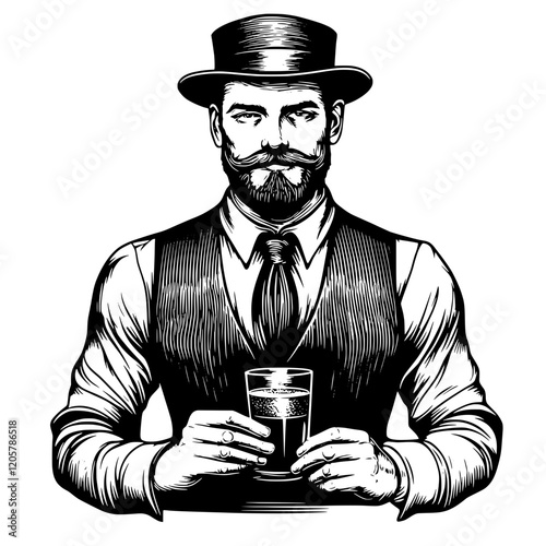 Vintage styled portrait of a man in a top hat holding a glass in a tavern setting during the late 19th century. Generative AI