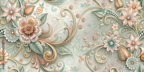 Elegant Pastel Floral Design with Ornate Swirls and Pearl Accents