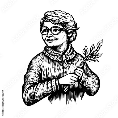 Portrait of a woman with glasses holding a branch in an artistic style showcasing intricate details and textures. Generative AI