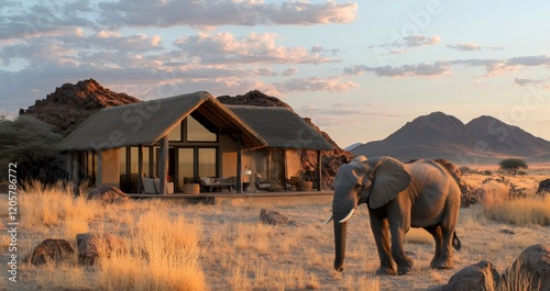 Wild elephant walking near luxury safari lodge in namibia at sunset