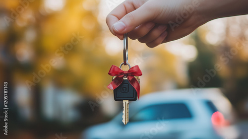Hand presenting a car key with a gift box keychain for a special surprise.