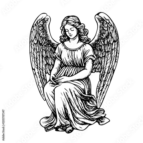 Elegant angel figure with wings seated in a serene pose, exuding tranquility and grace. Generative AI