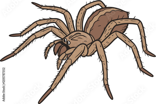 Giant spider, hyper-realistic, detailed texture, furry legs, fangs, menacing pose, arachnid, brown coloration, white background, studio lighting, wildlife photography, 8K resolution, extreme close-