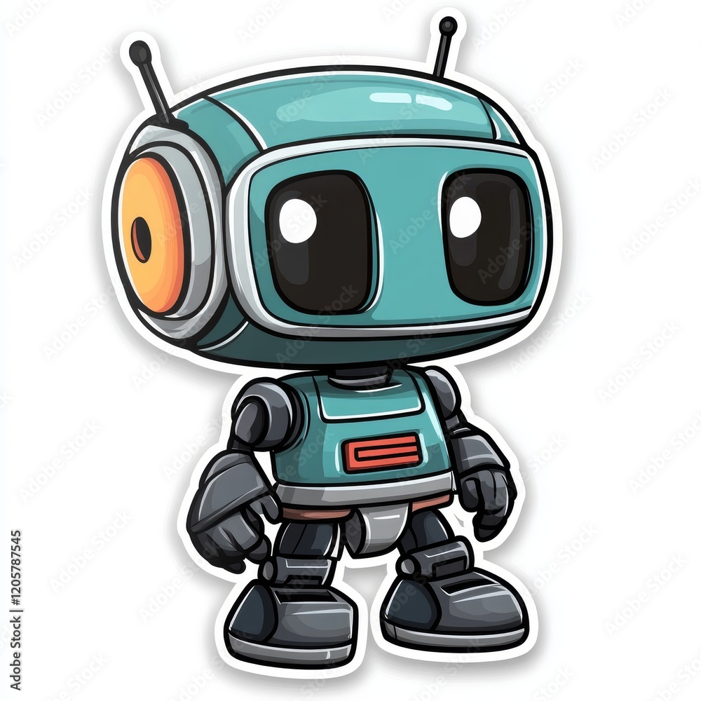 Cute teal robot character with big eyes standing isolated on white background, perfect for illustration, sticker or design element Cute teal robot character with big eyes standing isolated on white background, perfect for illustration, sticker or design element