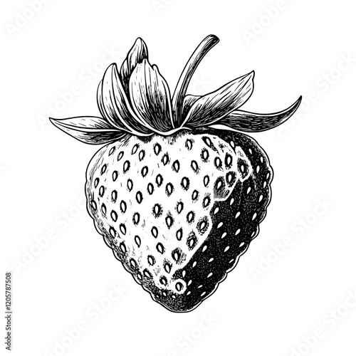 Detailed sketch of a ripe strawberry with leaves showcasing its texture and natural form in black and white. Generative AI