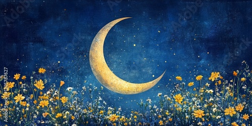 Wallpaper Mural A decorative crescent moon framed by golden flowers against a vibrant textured blue background. Ideal for art and decorative projects. Torontodigital.ca